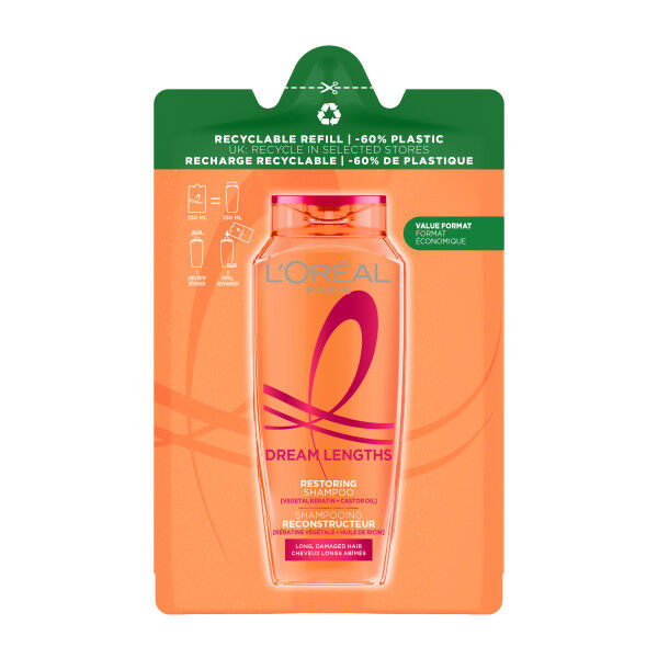 L'Oreal Paris Elvive Dream Lengths Restoring Shampoo Refill Pouch, for Long Hair, 250ml